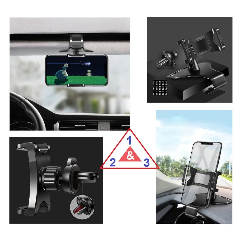 3 in 1 Car GPS Smartphone Holder: Dashboard / Visor Clamp   AC Grid Clip for Sharp 507SH - Black
