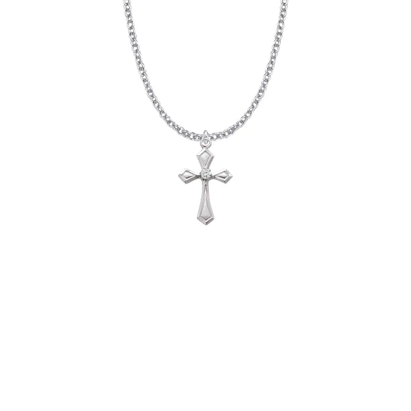 7/8 Inch Sterling Silver Flared and Pointed Ends Cross Necklace with Cubic Zirconia Stone