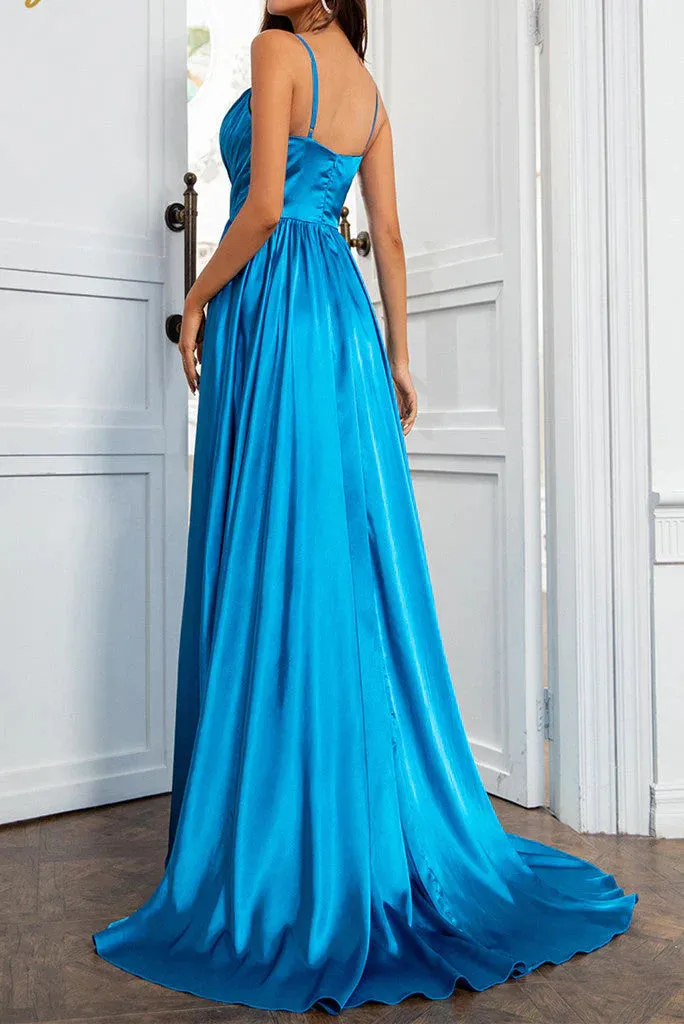 A Line Prom Dresses Straps Satin With Slit And Flounced Sexy Evening Dress Party Dress