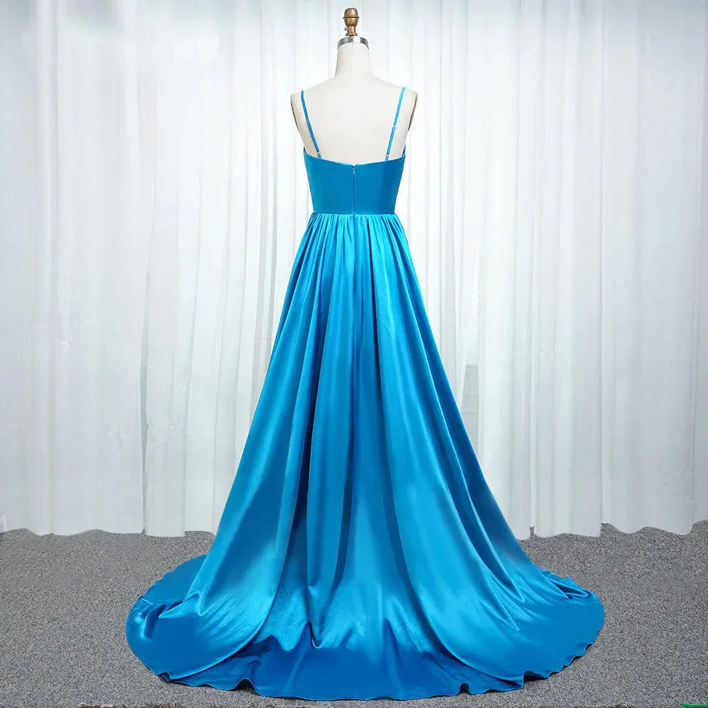A Line Prom Dresses Straps Satin With Slit And Flounced Sexy Evening Dress Party Dress