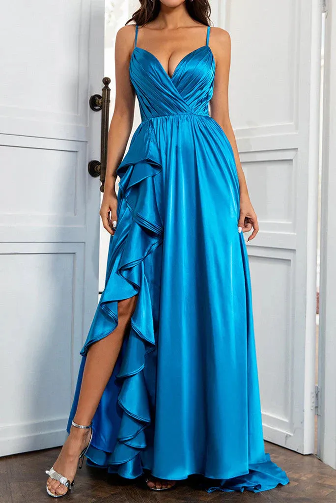A Line Prom Dresses Straps Satin With Slit And Flounced Sexy Evening Dress Party Dress