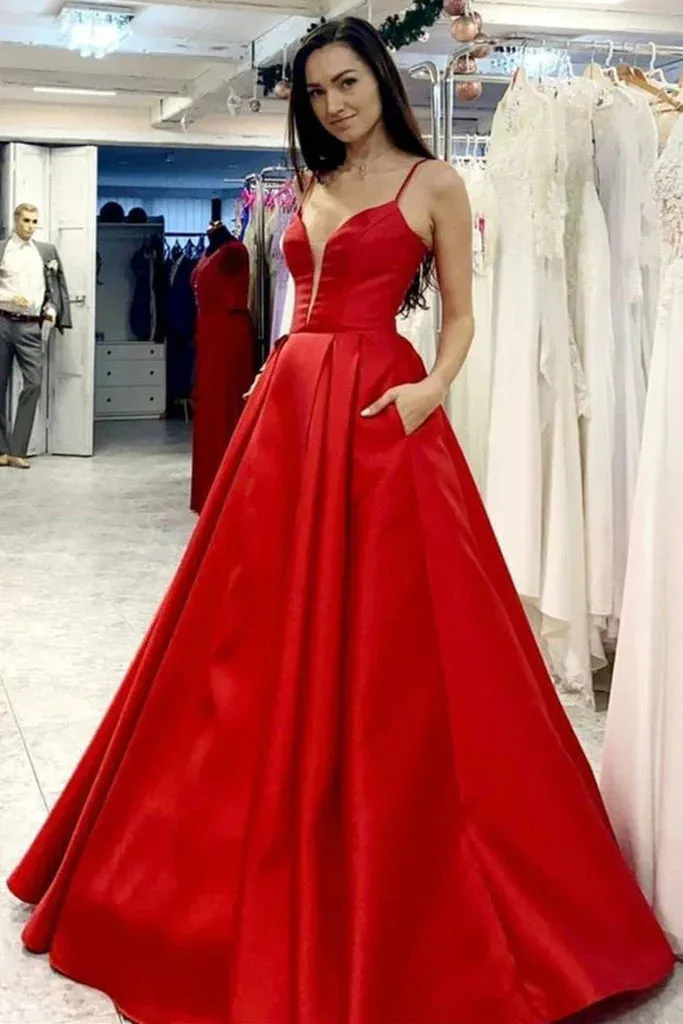 A Line Satin Prom Dresses V Neck Open Back