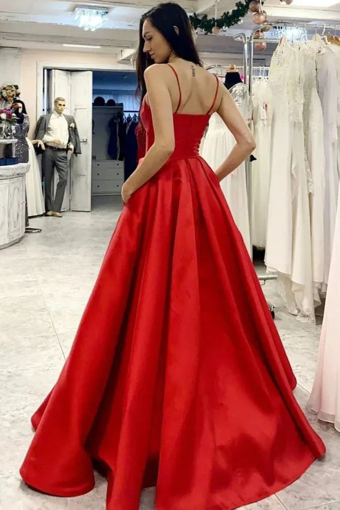 A Line Satin Prom Dresses V Neck Open Back