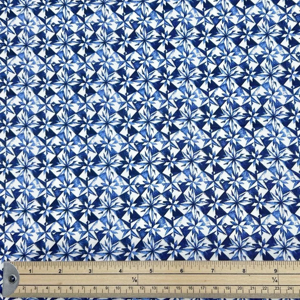 Abstract Blue Tiles Cotton Sateen Fabric