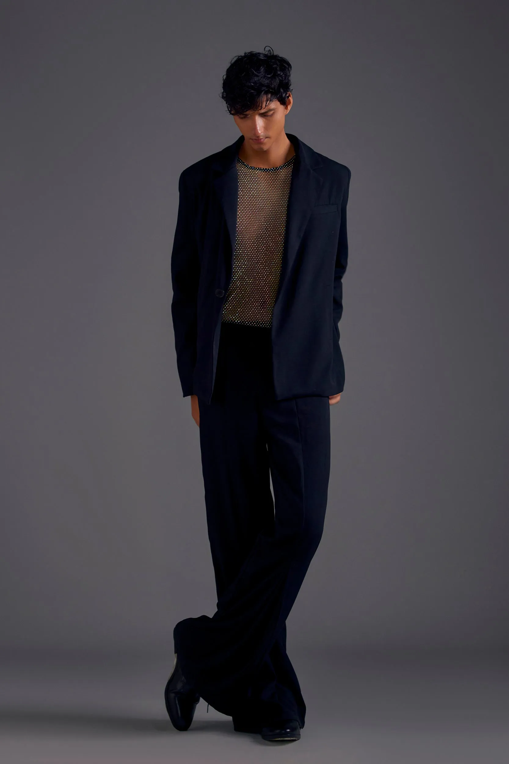 Black Heathermoss Front Pleated Trousers