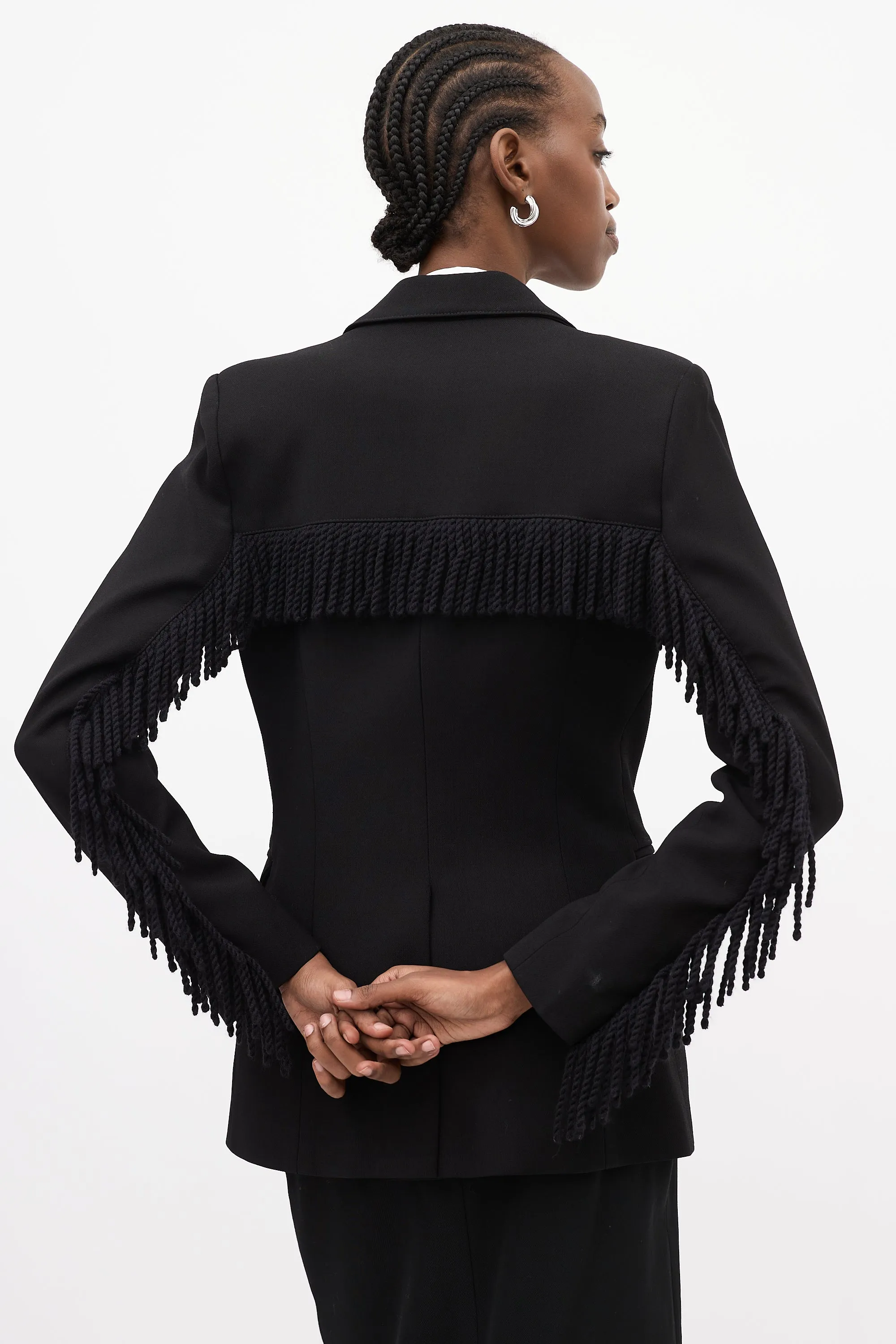 Black Wool Fringe Single Breasted Blazer