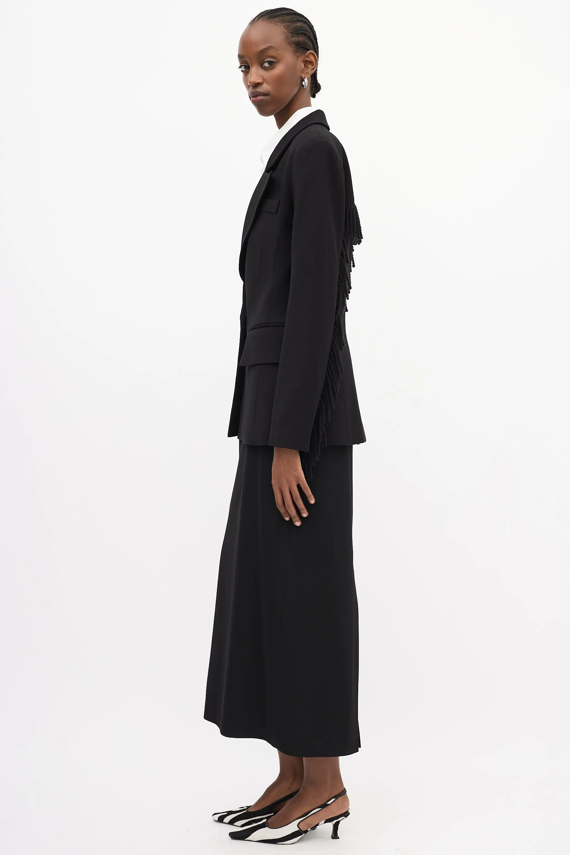 Black Wool Fringe Single Breasted Blazer