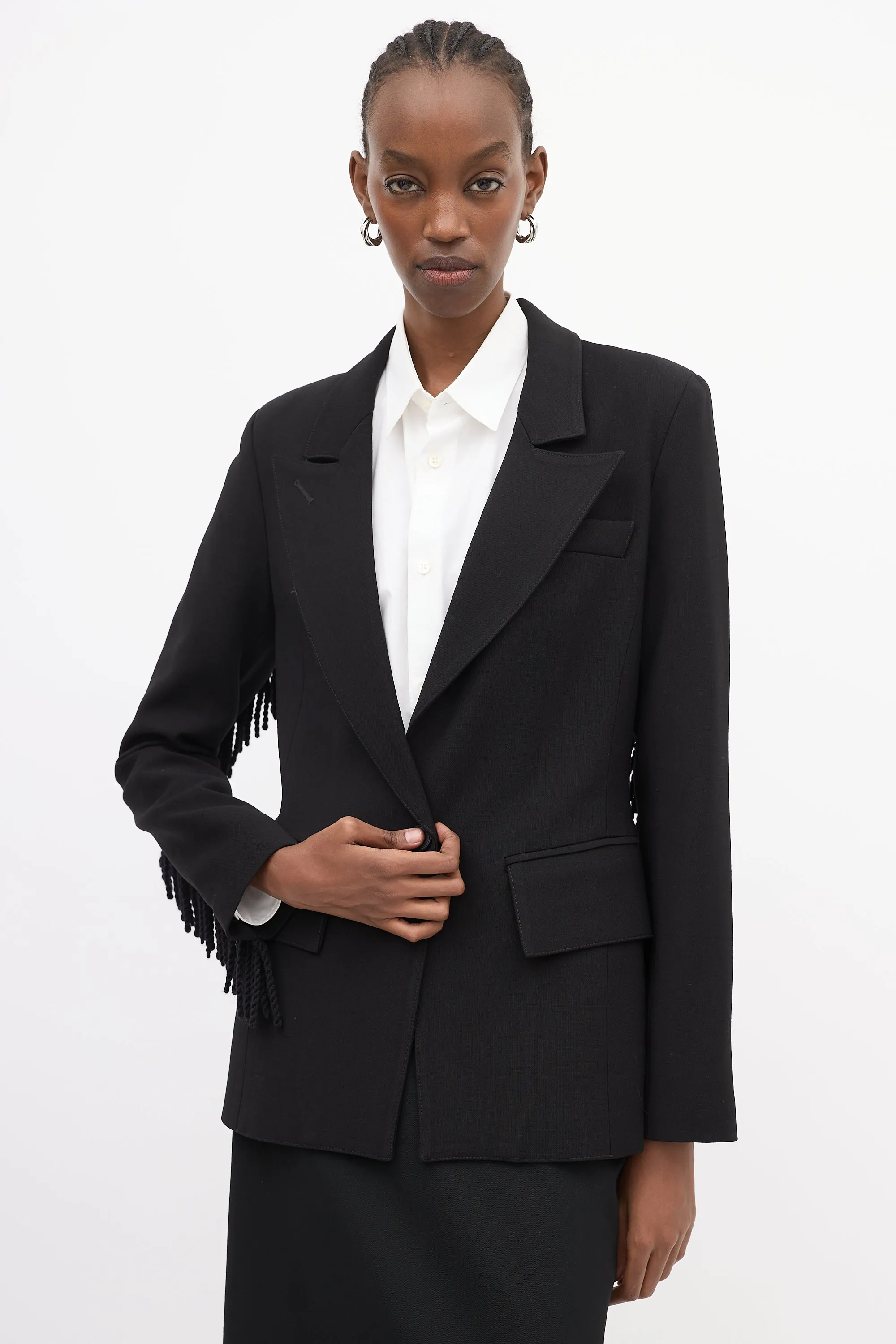 Black Wool Fringe Single Breasted Blazer