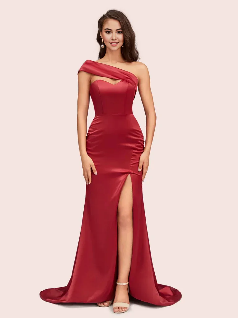 Bridesmaid Dresses Mermaid One Shoulder Soft Satin With Slit