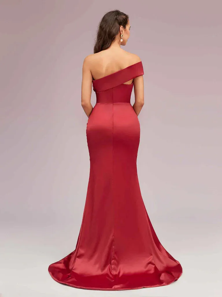 Bridesmaid Dresses Mermaid One Shoulder Soft Satin With Slit