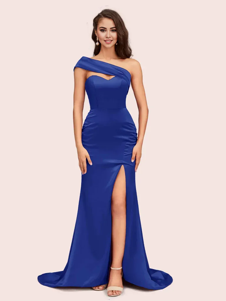 Bridesmaid Dresses Mermaid One Shoulder Soft Satin With Slit