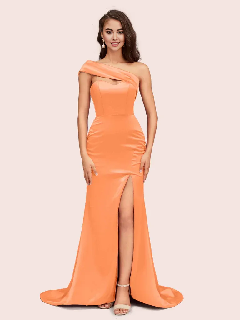 Bridesmaid Dresses Mermaid One Shoulder Soft Satin With Slit
