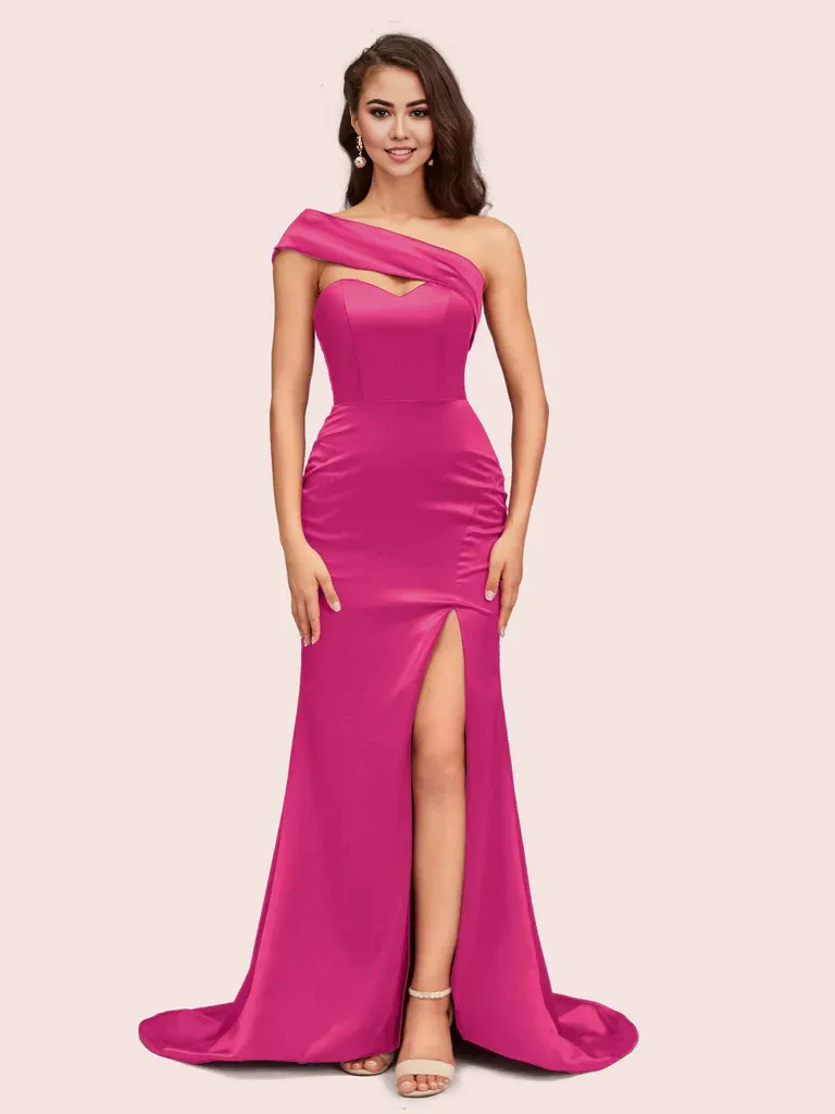 Bridesmaid Dresses Mermaid One Shoulder Soft Satin With Slit