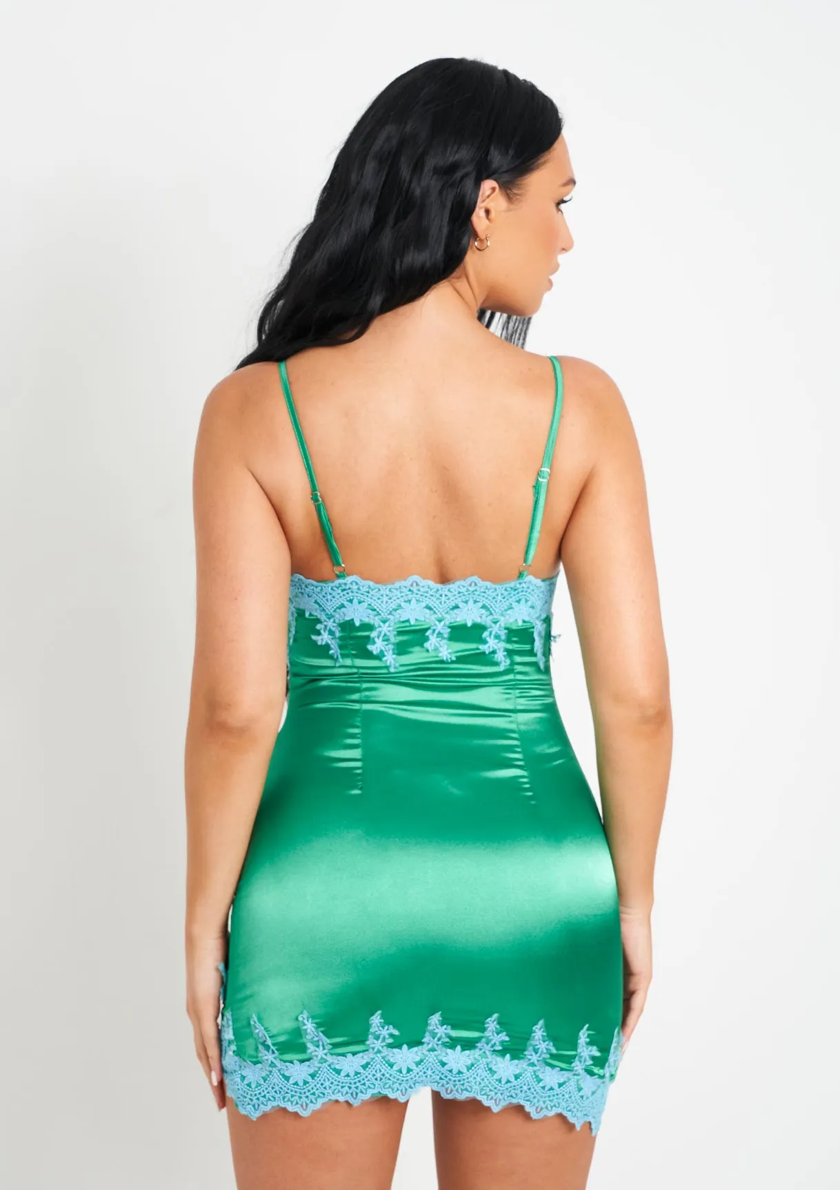Dionne Green Lace Detail Satin Dress With Slit