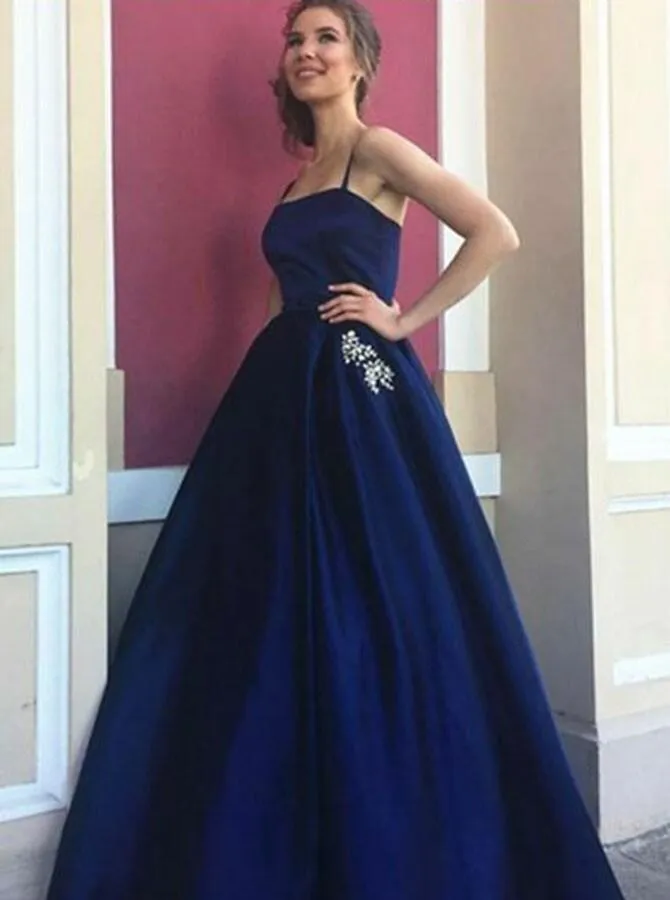 Elegant Royal Blue Spaghetti Straps Long A-Line Satin Prom Dresses