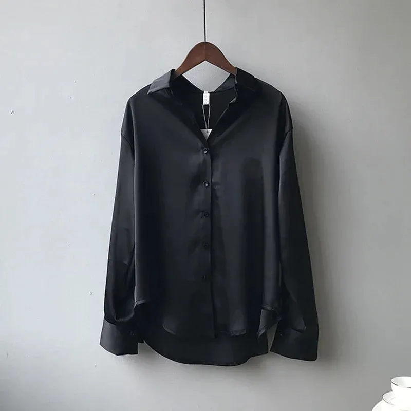 Elegant Satin Loose Women Work Professional Shirt Turn-down Collar Ladies Blouse Autumn Button Silk Tops