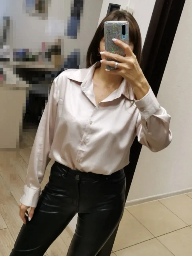 Elegant Satin Loose Women Work Professional Shirt Turn-down Collar Ladies Blouse Autumn Button Silk Tops