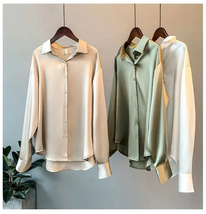 Elegant Satin Loose Women Work Professional Shirt Turn-down Collar Ladies Blouse Autumn Button Silk Tops