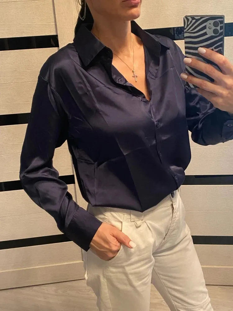 Elegant Satin Loose Women Work Professional Shirt Turn-down Collar Ladies Blouse Autumn Button Silk Tops
