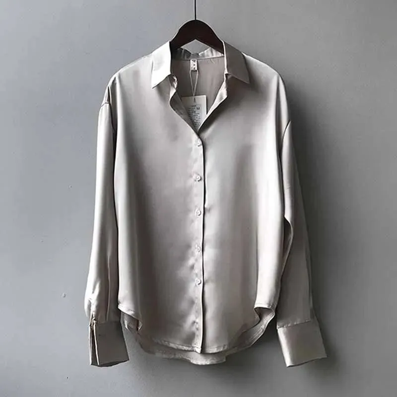 Elegant Satin Loose Women Work Professional Shirt Turn-down Collar Ladies Blouse Autumn Button Silk Tops