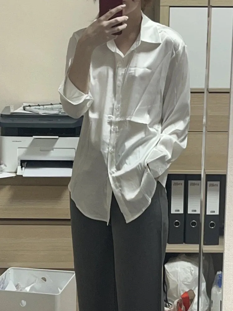 Elegant Satin Loose Women Work Professional Shirt Turn-down Collar Ladies Blouse Autumn Button Silk Tops