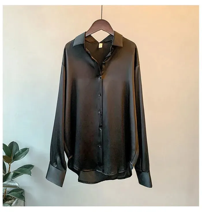 Elegant Satin Loose Women Work Professional Shirt Turn-down Collar Ladies Blouse Autumn Button Silk Tops