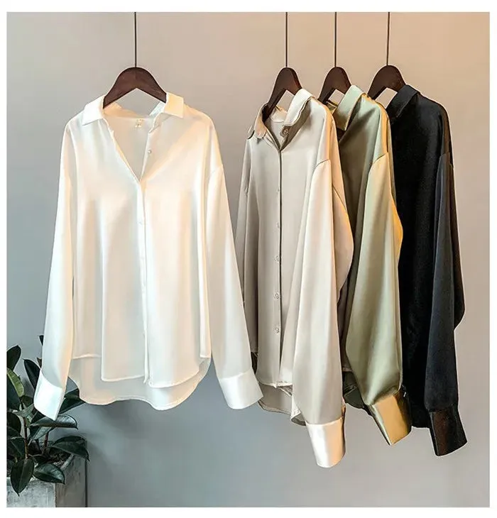 Elegant Satin Loose Women Work Professional Shirt Turn-down Collar Ladies Blouse Autumn Button Silk Tops