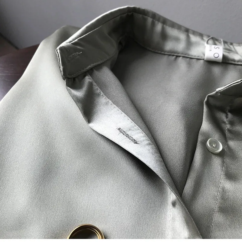 Elegant Satin Loose Women Work Professional Shirt Turn-down Collar Ladies Blouse Autumn Button Silk Tops