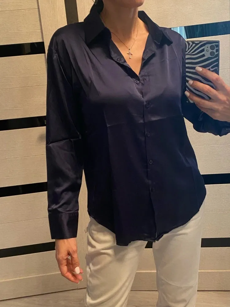 Elegant Satin Loose Women Work Professional Shirt Turn-down Collar Ladies Blouse Autumn Button Silk Tops
