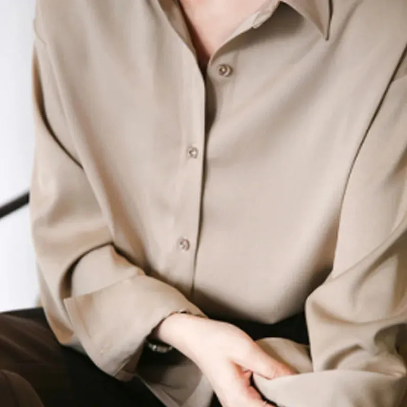 Elegant Satin Loose Women Work Professional Shirt Turn-down Collar Ladies Blouse Autumn Button Silk Tops
