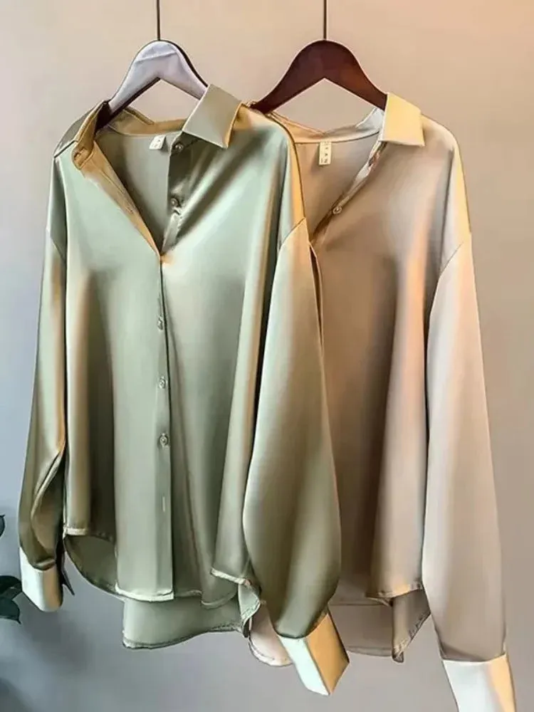 Elegant Satin Loose Women Work Professional Shirt Turn-down Collar Ladies Blouse Autumn Button Silk Tops