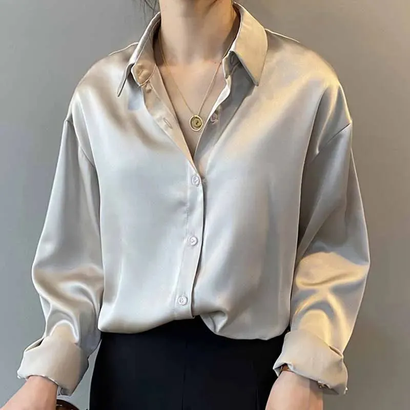 Elegant Satin Loose Women Work Professional Shirt Turn-down Collar Ladies Blouse Autumn Button Silk Tops