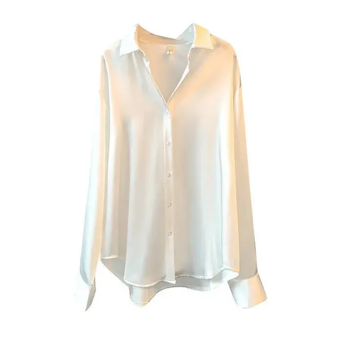 Elegant Satin Loose Women Work Professional Shirt Turn-down Collar Ladies Blouse Autumn Button Silk Tops