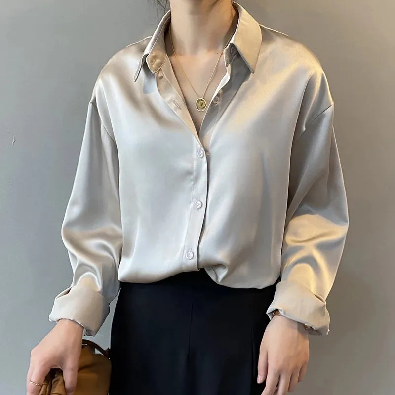 Elegant Satin Loose Women Work Professional Shirt Turn-down Collar Ladies Blouse Autumn Button Silk Tops