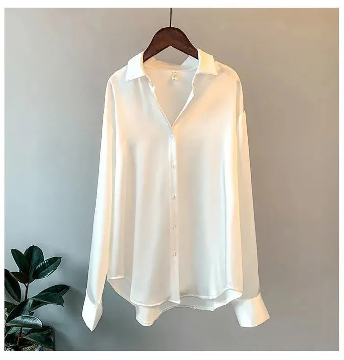 Elegant Satin Loose Women Work Professional Shirt Turn-down Collar Ladies Blouse Autumn Button Silk Tops