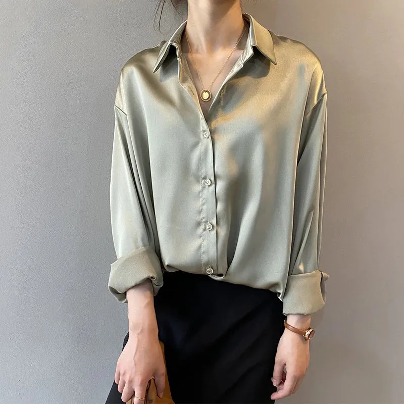 Elegant Satin Loose Women Work Professional Shirt Turn-down Collar Ladies Blouse Autumn Button Silk Tops