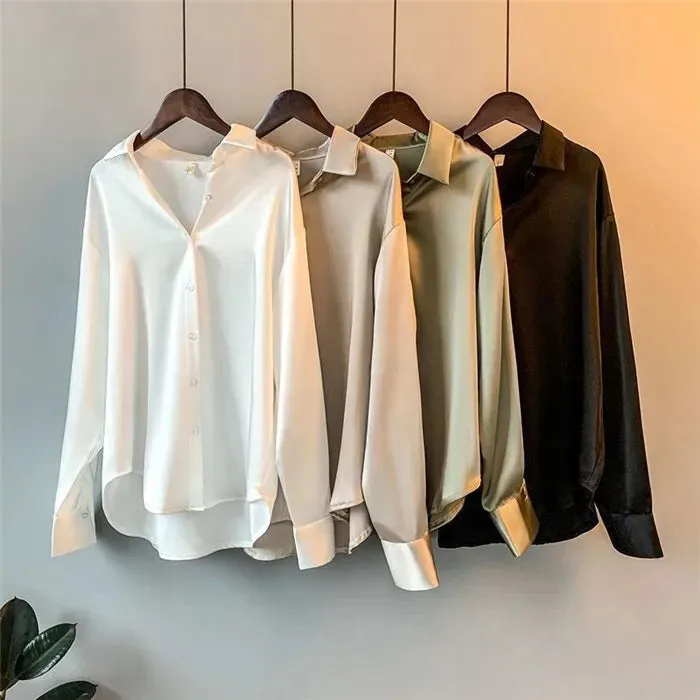 Elegant Satin Loose Women Work Professional Shirt Turn-down Collar Ladies Blouse Autumn Button Silk Tops