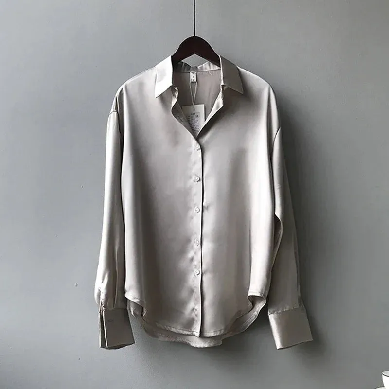 Elegant Satin Loose Women Work Professional Shirt Turn-down Collar Ladies Blouse Autumn Button Silk Tops