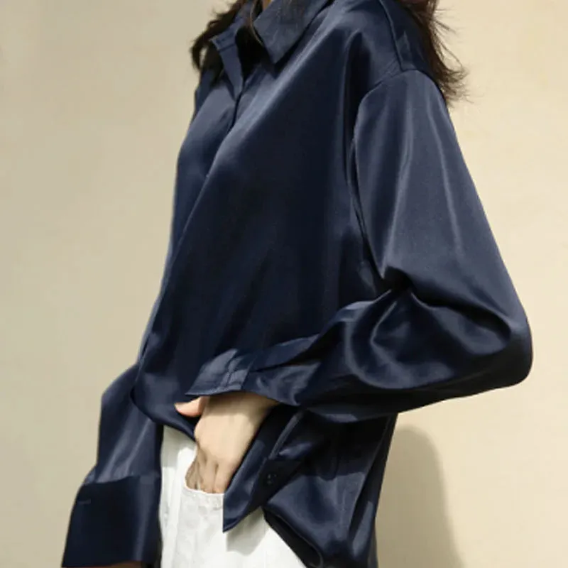 Elegant Satin Loose Women Work Professional Shirt Turn-down Collar Ladies Blouse Autumn Button Silk Tops