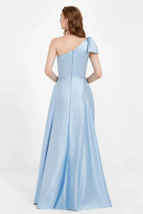 Elegant Sky-Blue Wedding Guest Dresses One Shoulder Long Satin Dress Bridesmaid Dresses