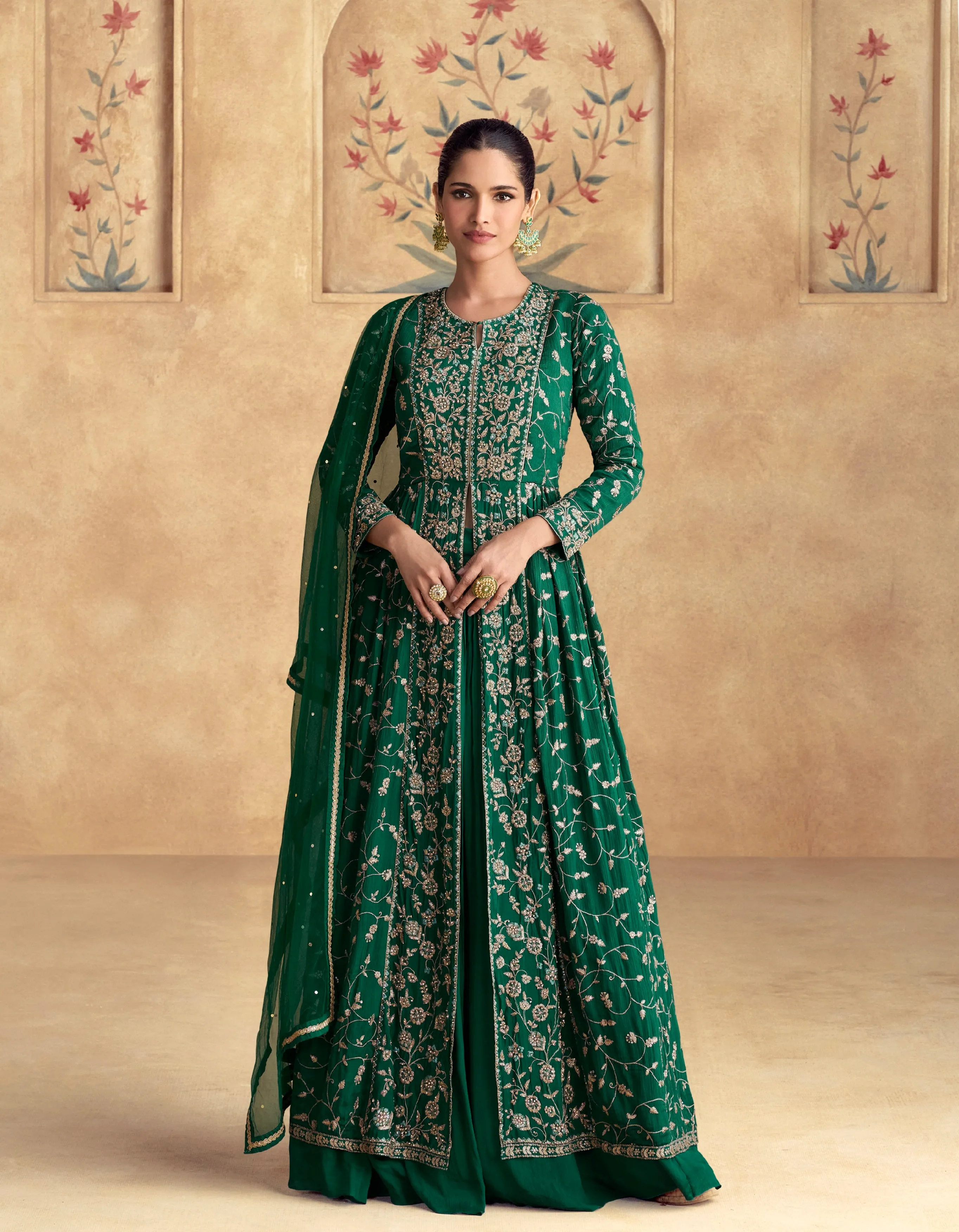 Emerald Green Chinnon Silk Embroidered Anarkali with Net Dupatta