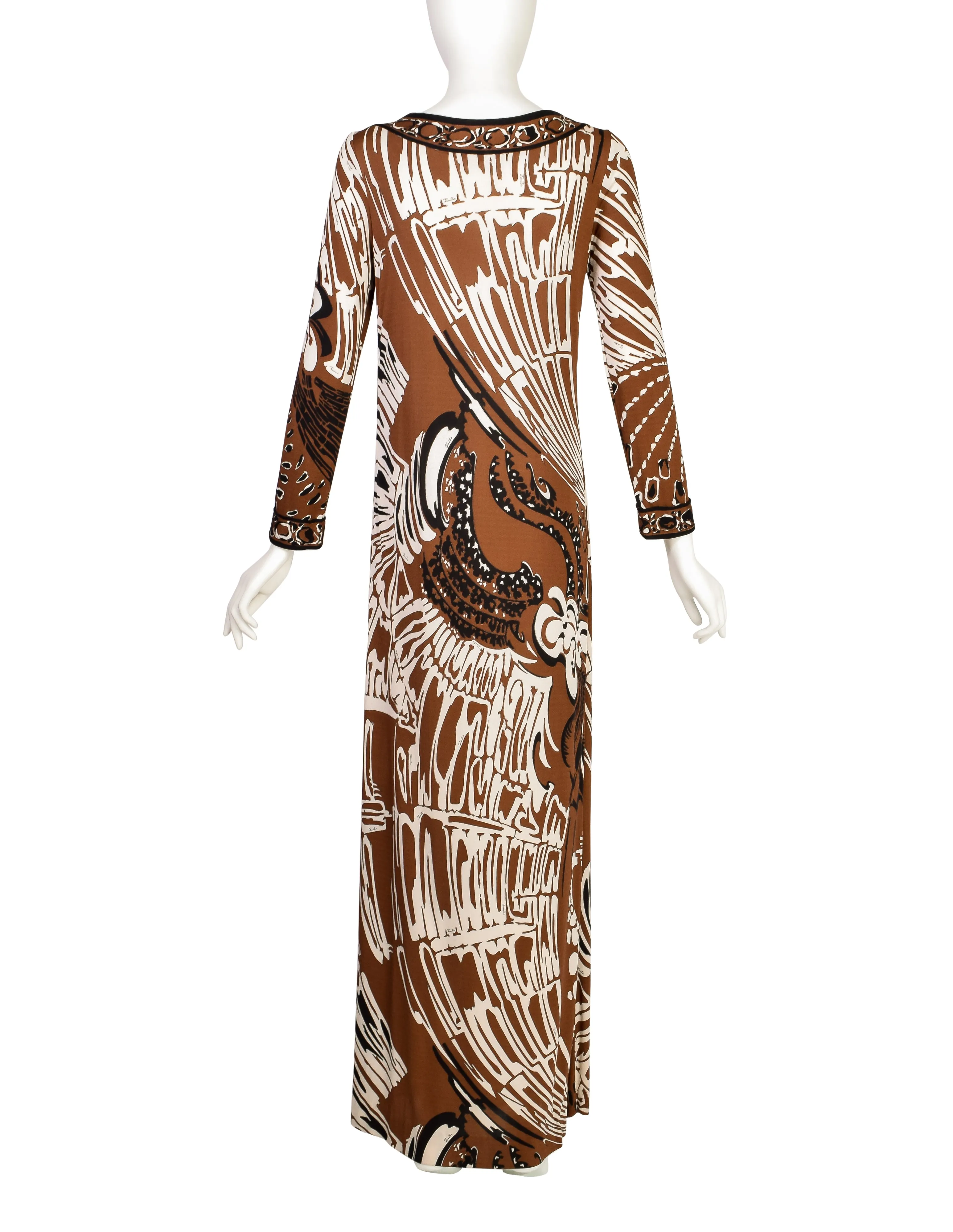 Emilio Pucci Vintage 1960s Brown Black Psychedelic Floral Print Silk Jersey Column Dress