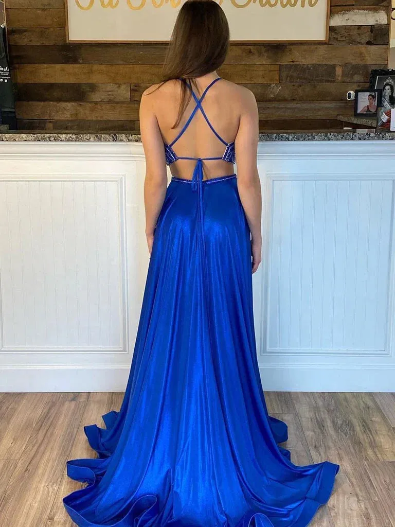 Evening Dresses New Arrival Two Piece Beading Satin Split Floor Length Prom Dresses