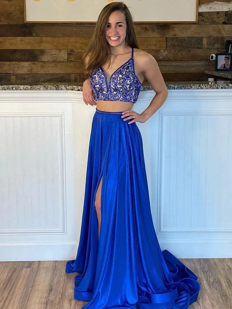 Evening Dresses New Arrival Two Piece Beading Satin Split Floor Length Prom Dresses