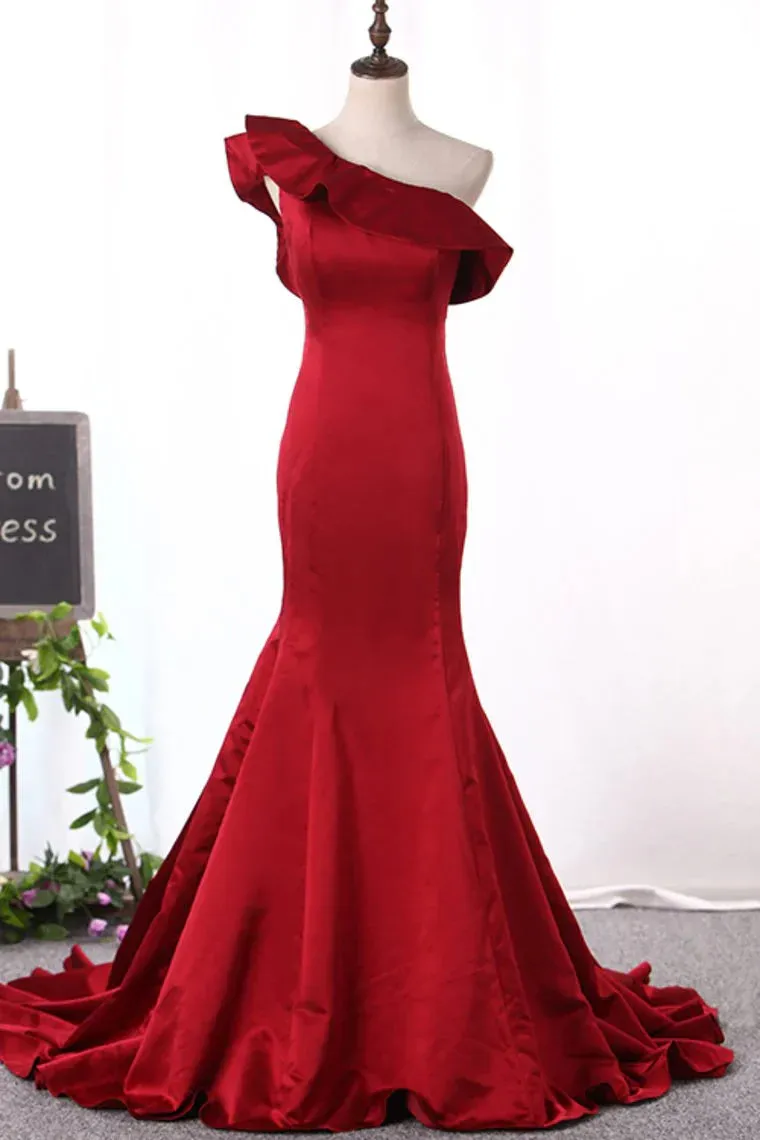 Evening Dresses Satin One Shoulder Mermaid Sweep Train