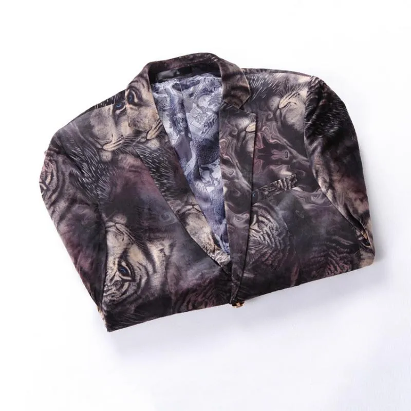 Men's Casual Slim Fit Velvet Blazer With Tigers Print
