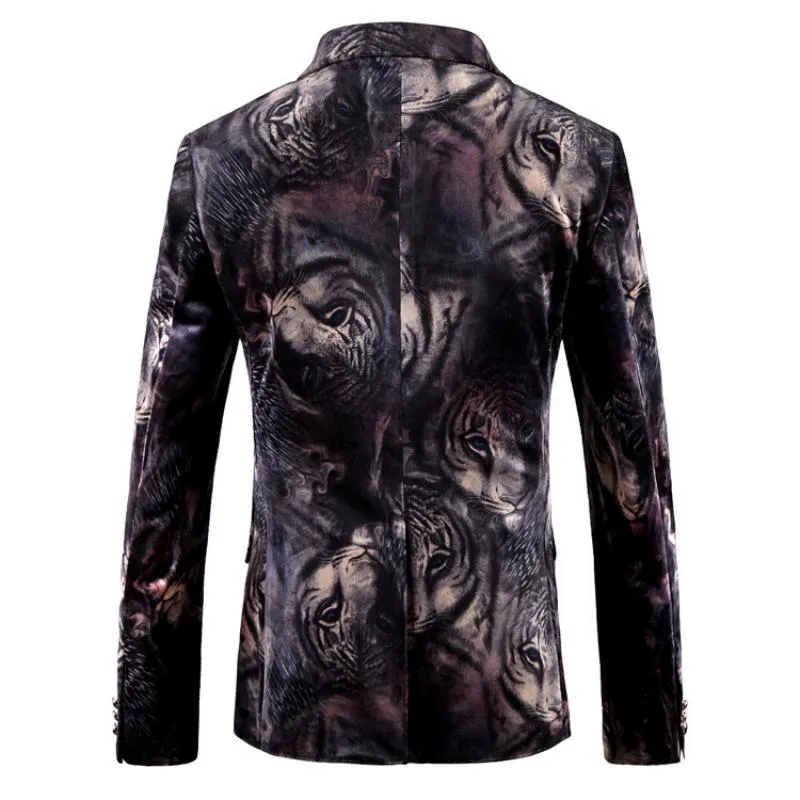 Men's Casual Slim Fit Velvet Blazer With Tigers Print