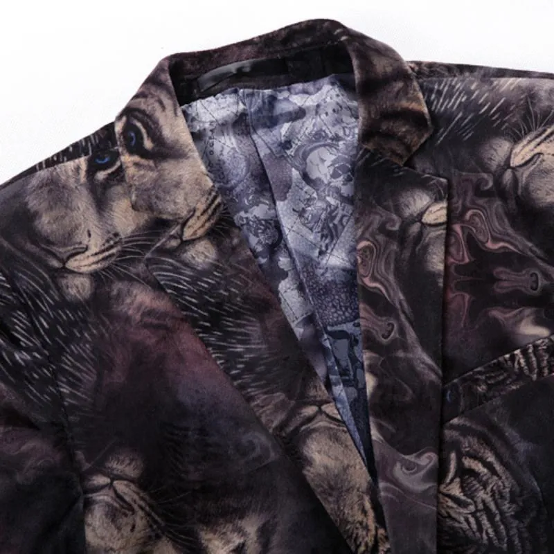 Men's Casual Slim Fit Velvet Blazer With Tigers Print