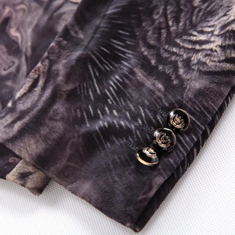 Men's Casual Slim Fit Velvet Blazer With Tigers Print