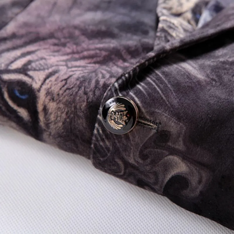 Men's Casual Slim Fit Velvet Blazer With Tigers Print